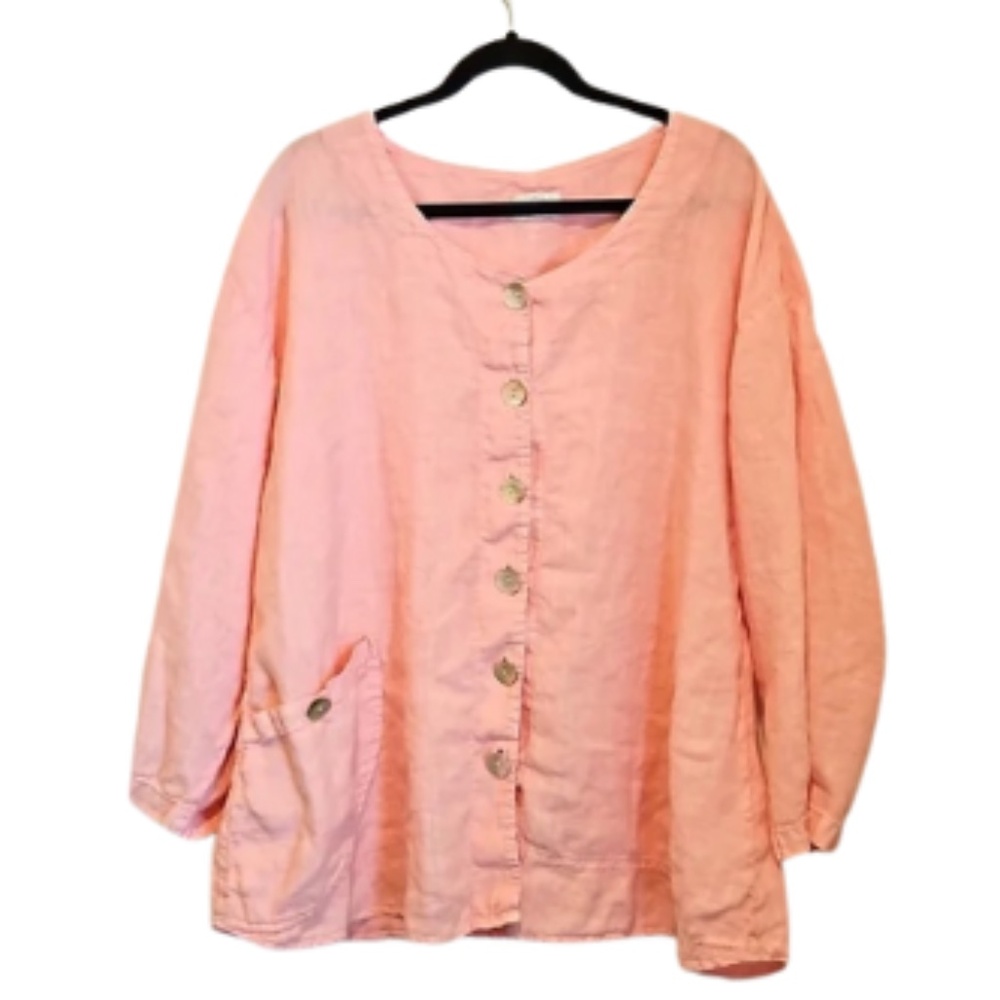 🪴MOSAIC Linen Top Lagenlook Long Sleeve Pink XL